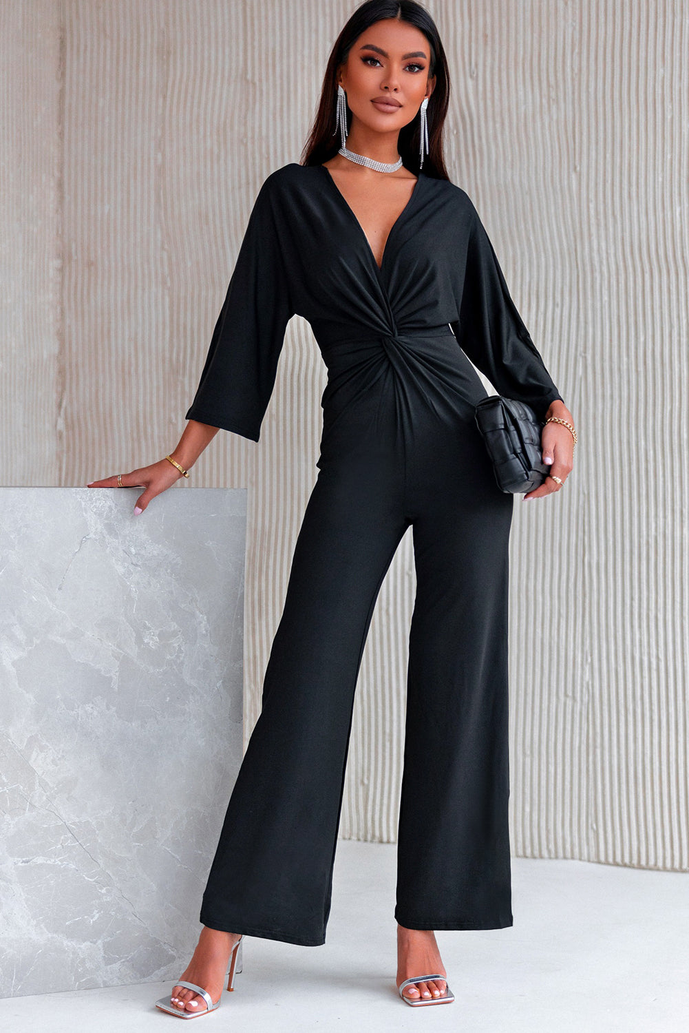 Twisted Plunge Three-Quarter Sleeve Jumpsuit  Jumpsuits & Rompers- Doll Fits
