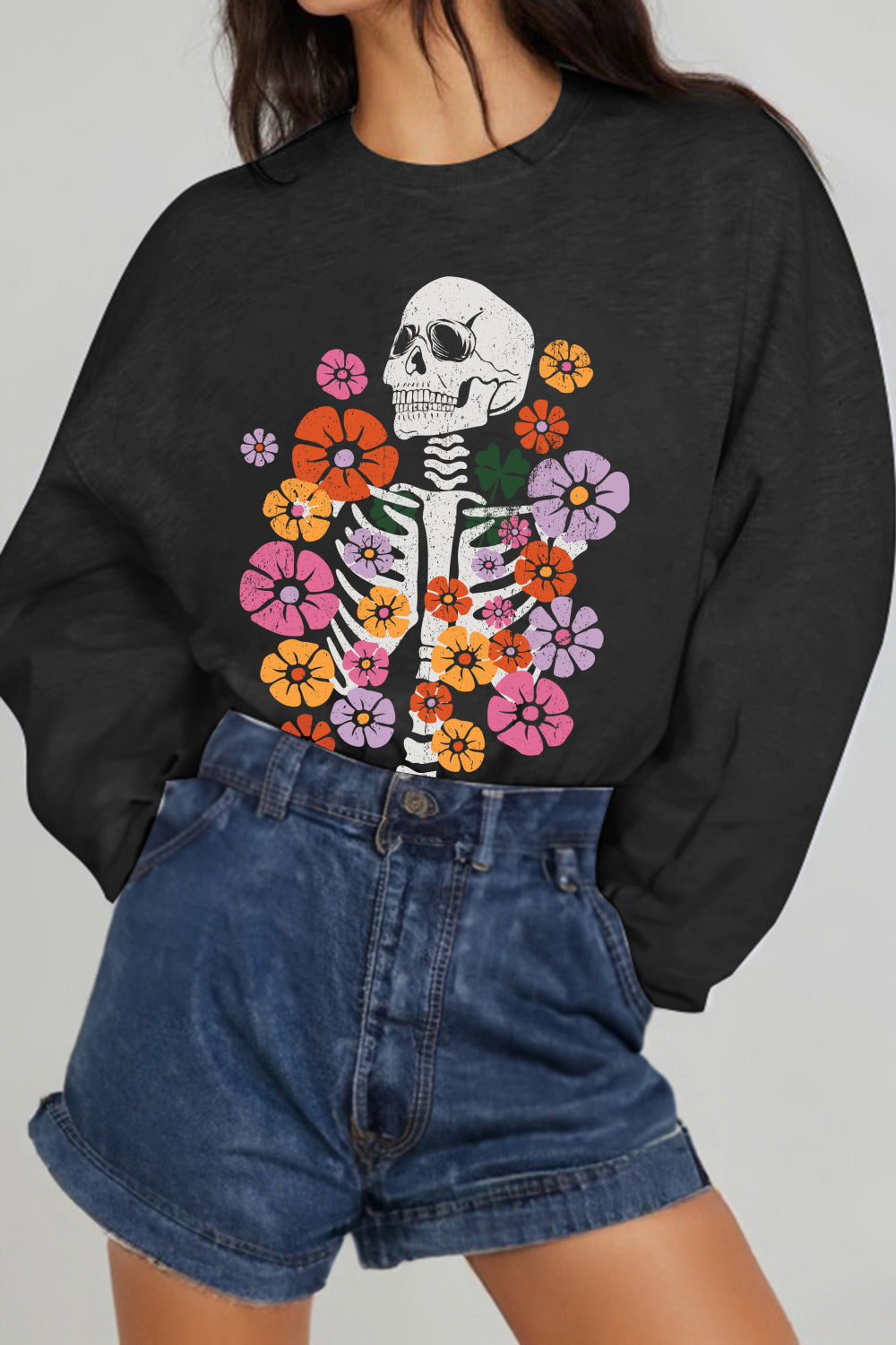Simply Love Simply Love Full Size Flower Skeleton Graphic Sweatshirt  - Doll Fits