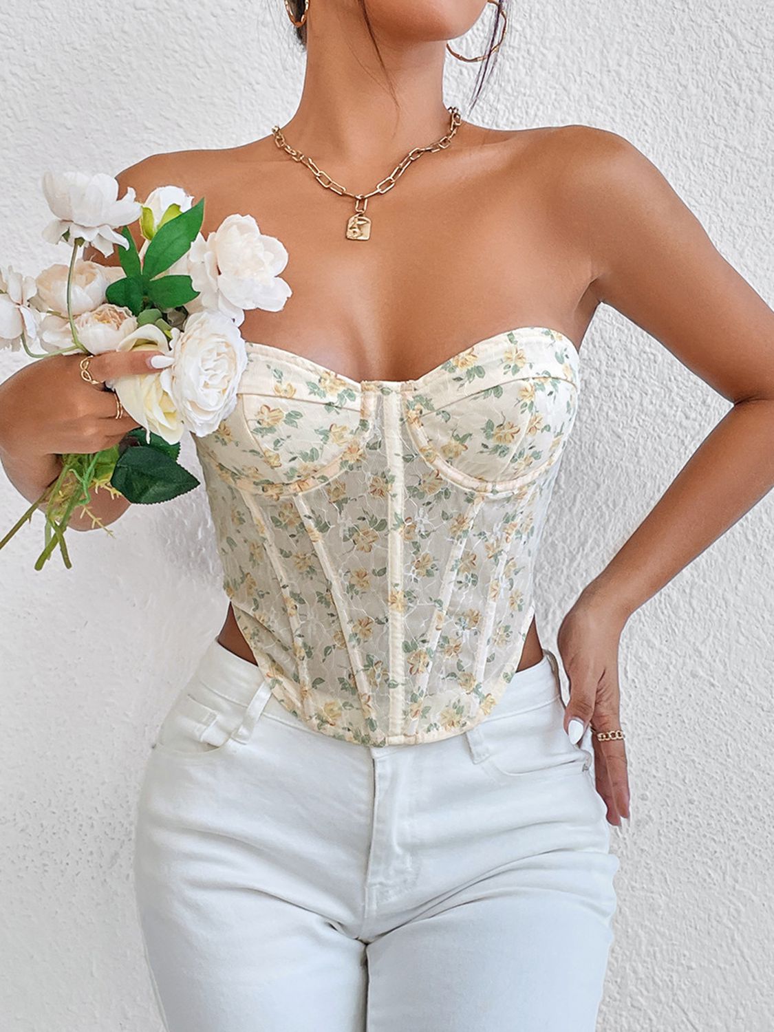 Floral Lace-Up Strapless Bustier  - Doll Fits