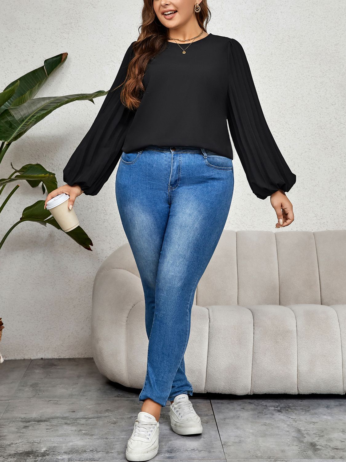 Plus Size Round Neck Puff Sleeve Blouse  - Doll Fits