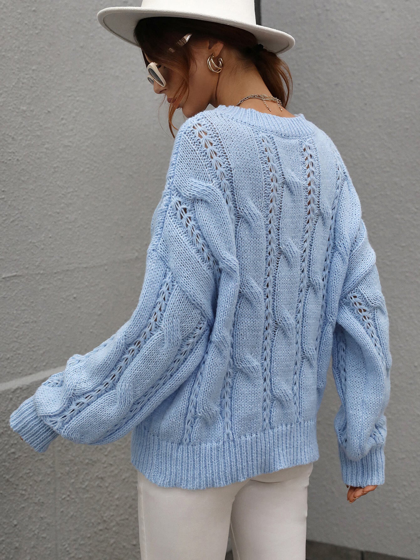 Cable-Knit Openwork Round Neck Sweater  Shirts & Tops- Doll Fits