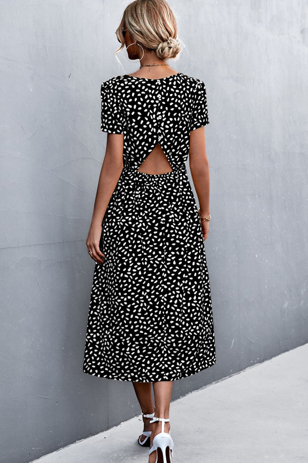 Printed Slit Cutout Midi Dress (Belt Not Included)  Dresses- Doll Fits