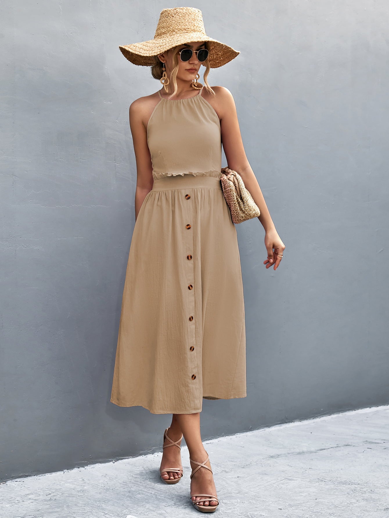Buttoned Halter Neck Frill Trim Midi Dress  Dresses- Doll Fits