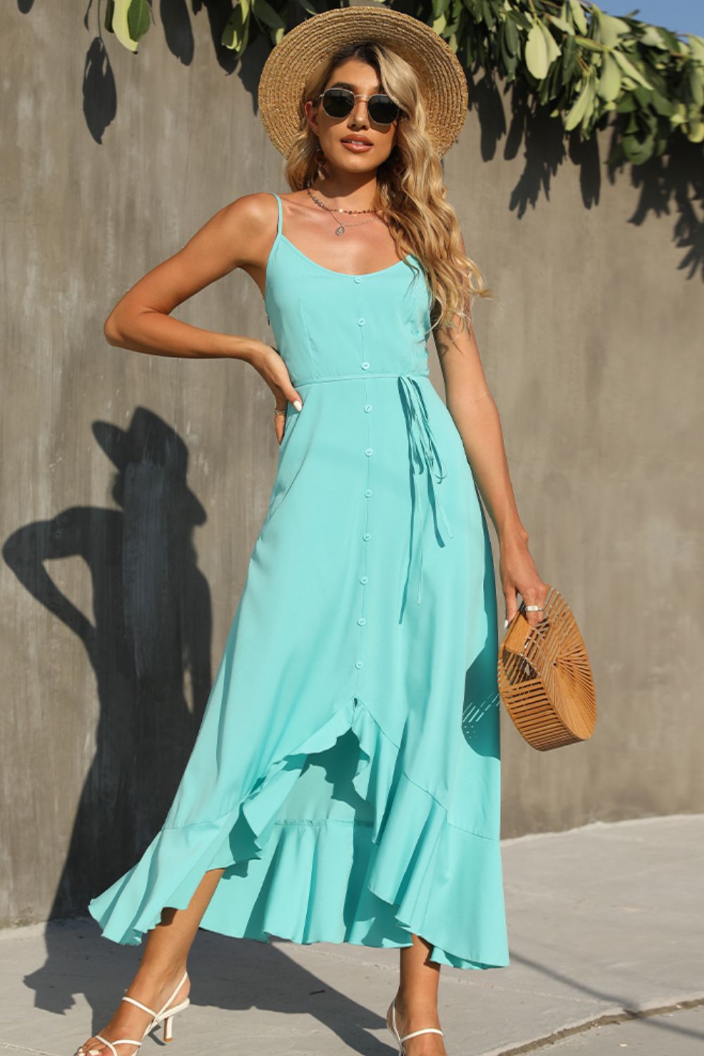 Decorative Button Spaghetti Strap Ruffle Hem Dress  Dresses- Doll Fits