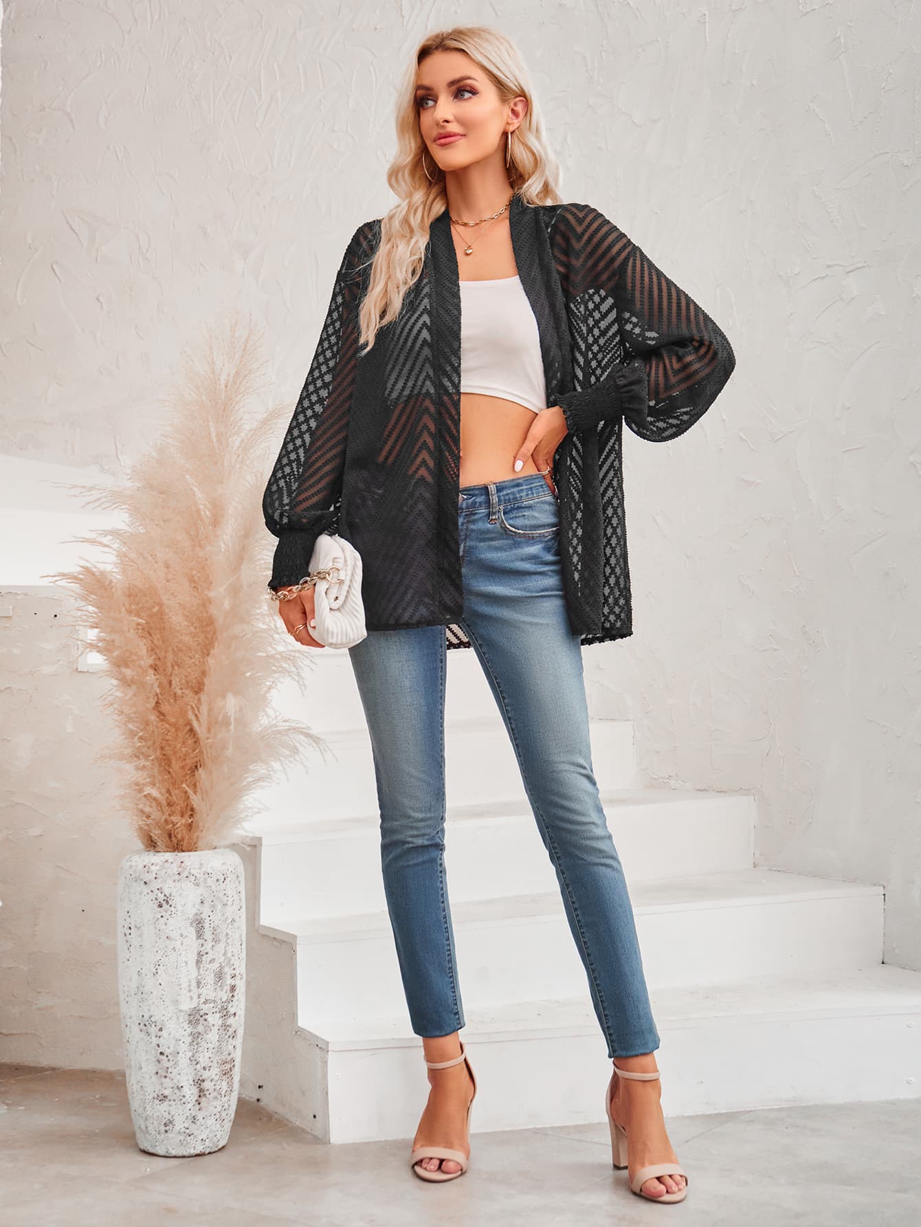 Lantern Sleeve Open Front Sheer Cardigan  Coats & Jackets- Doll Fits