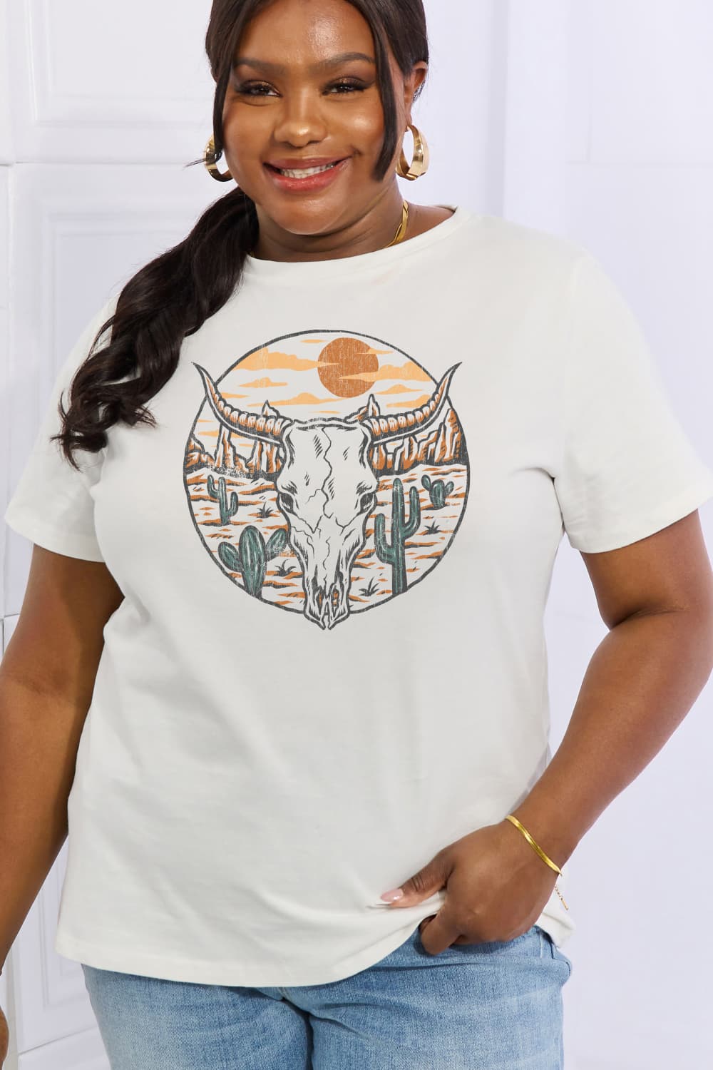 Simply Love Full Size Bull Cactus Graphic Cotton Tee  - Doll Fits