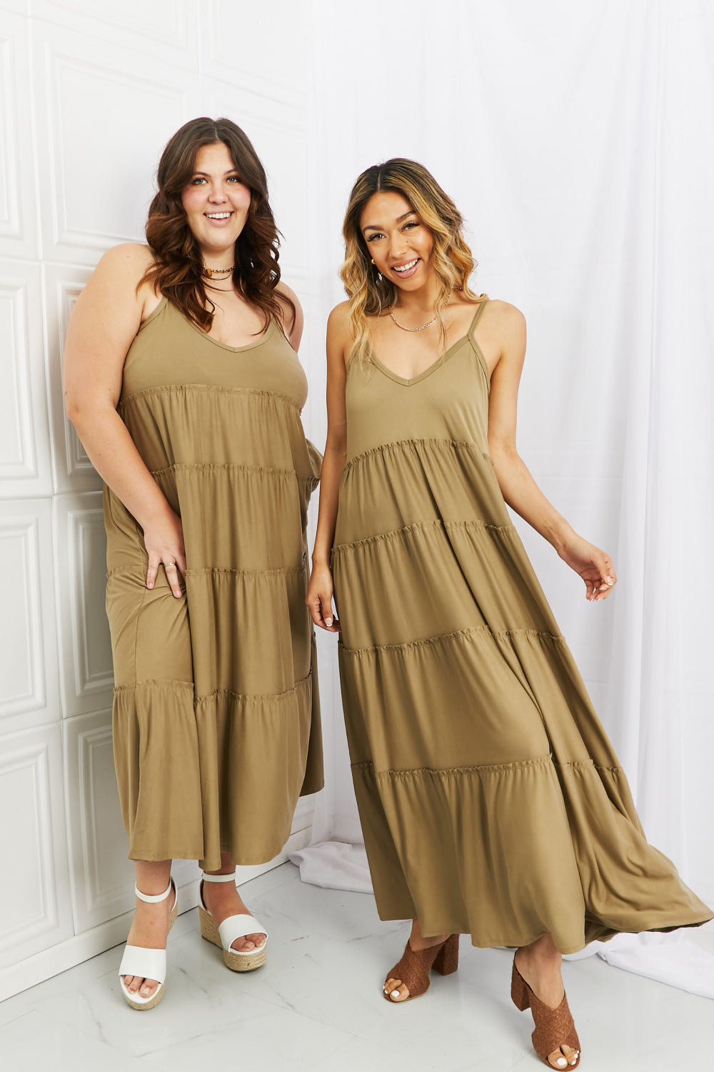 Zenana Full Size Spaghetti Strap Tiered Dress with Pockets in Khaki  Dresses- Doll Fits