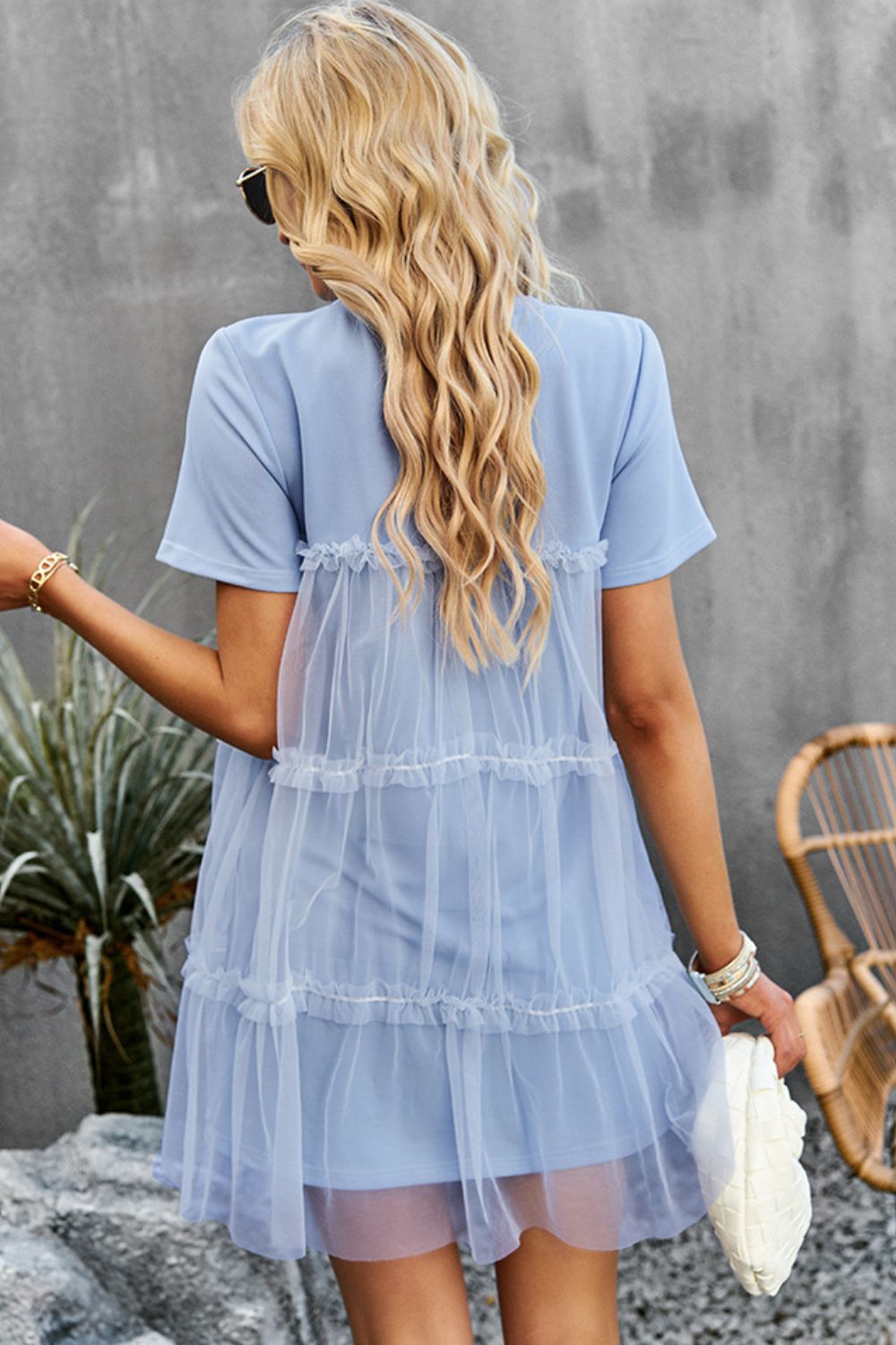 Frill Trim Spliced Mesh Mini Dress  Dresses- Doll Fits