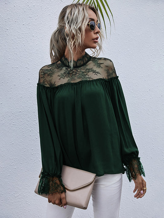 Semi-Sheer Lace Trim Mock Neck Blouse  - Doll Fits