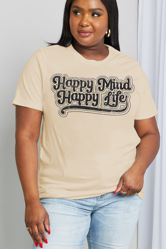 Simply Love Full Size HAPPY MIND HAPPY LIFE Graphic Cotton Tee  - Doll Fits