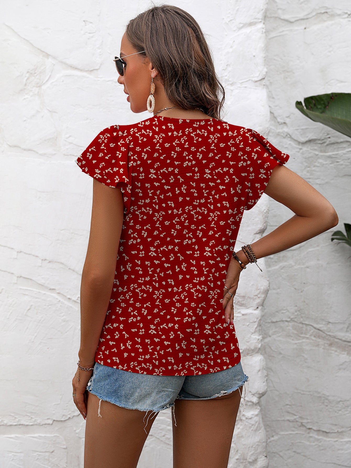 Textured Flutter Sleeve Blouse  Shirts & Tops- Doll Fits