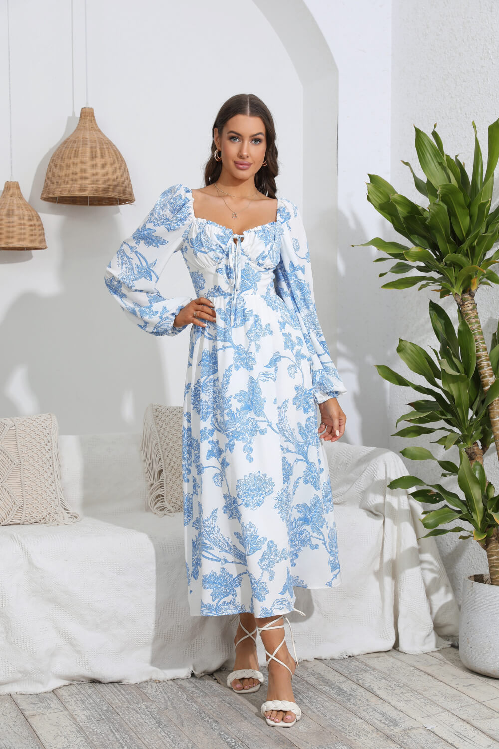 Floral Tie Front Sweetheart Neck Midi Dress  Dresses- Doll Fits