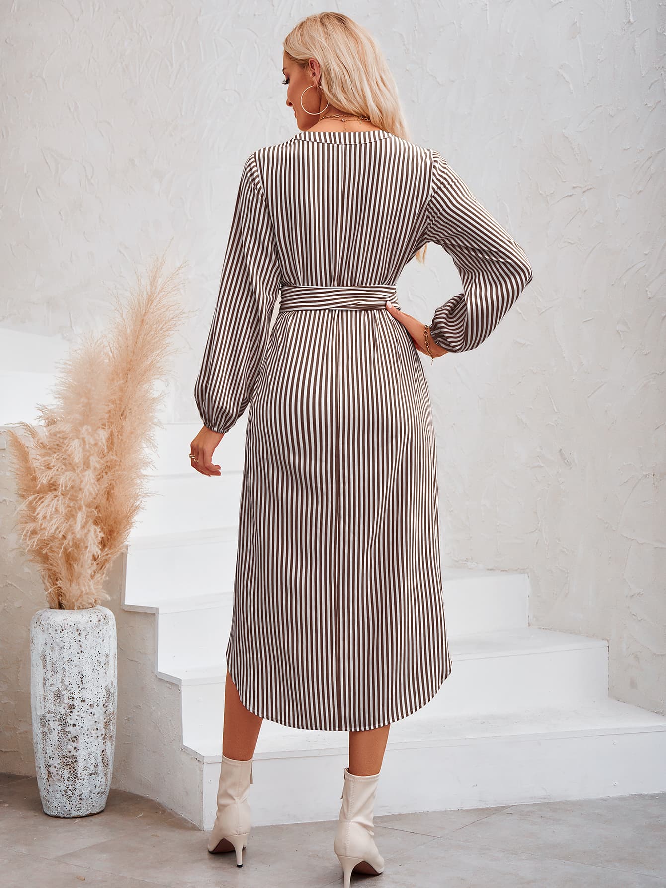 Striped Notched Neck Curved Hem Long Sleeve Dress  Dresses- Doll Fits