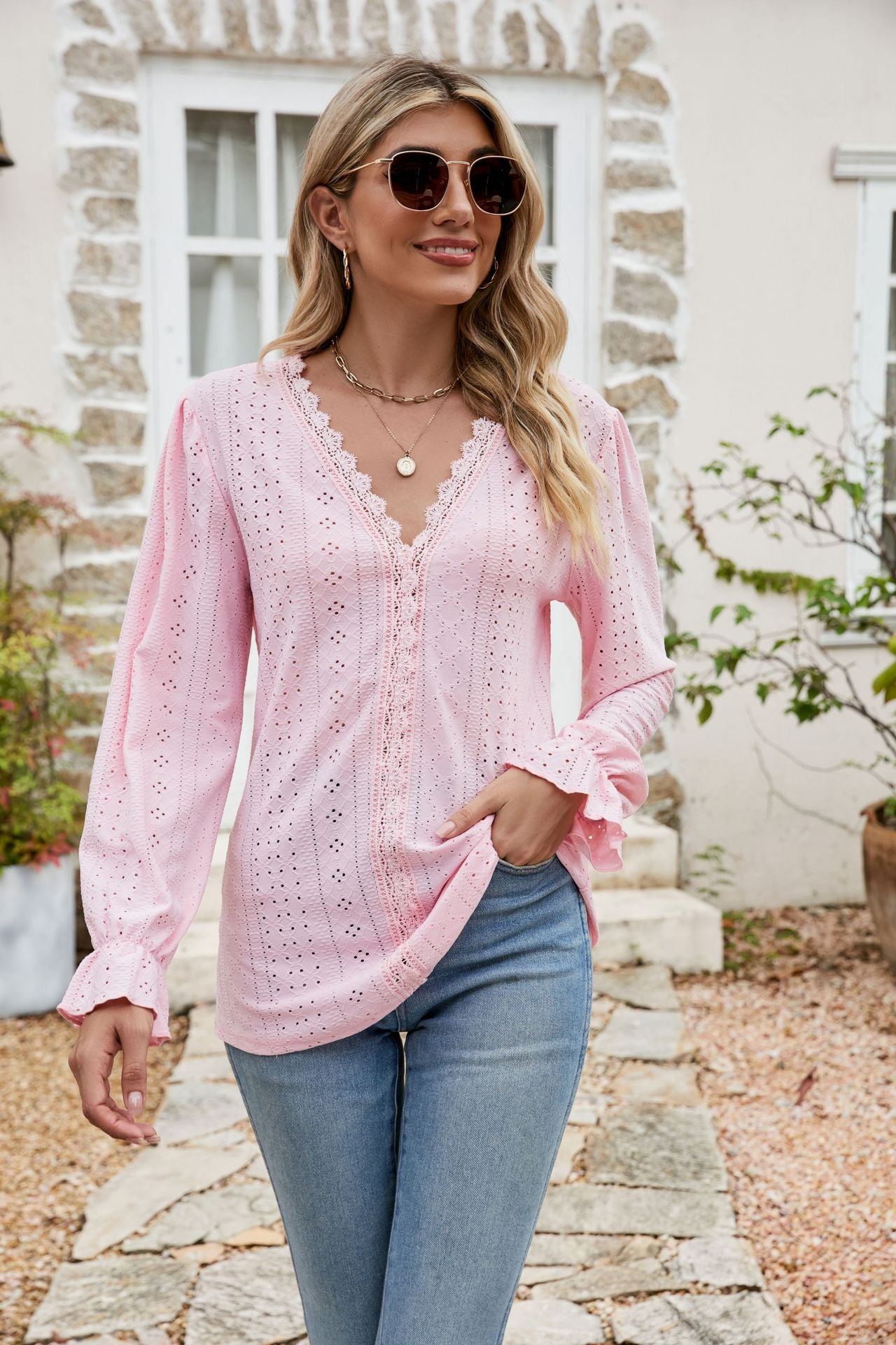 Eyelet Lace Trim Flounce Sleeve Blouse  Shirts & Tops- Doll Fits