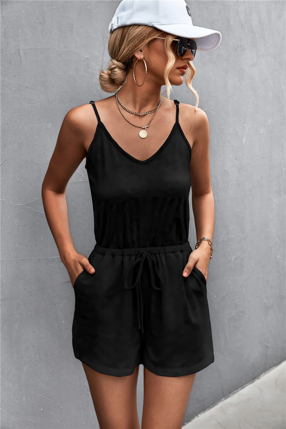 Spaghetti Strap V-Neck Pocket Romper  Jumpsuits & Rompers- Doll Fits