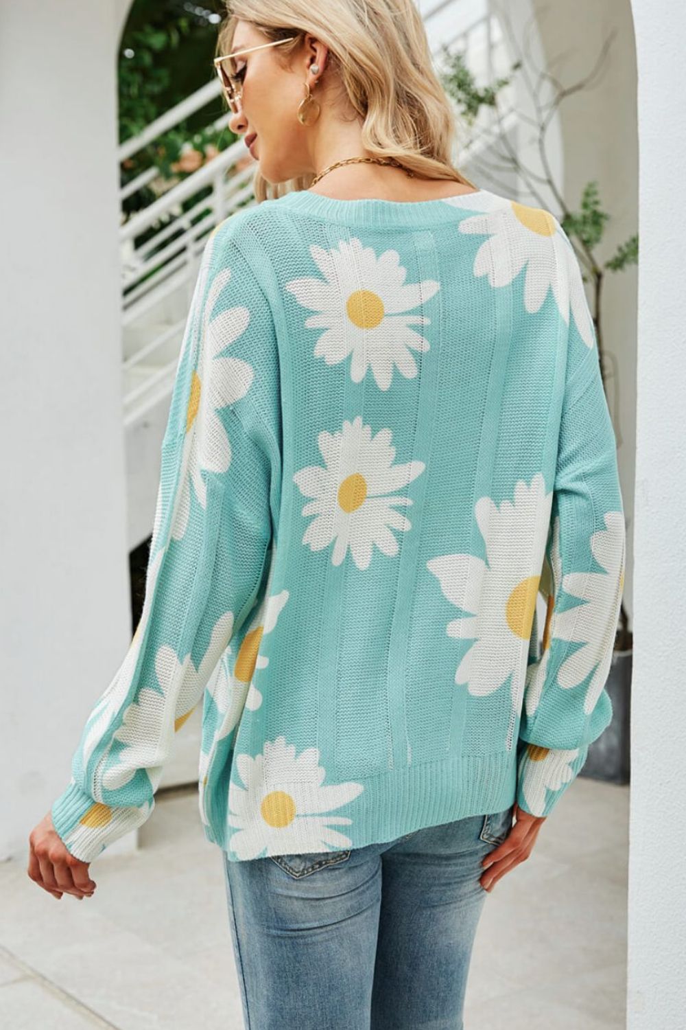 Daisy Print Openwork Round Neck Sweater  Shirts & Tops- Doll Fits