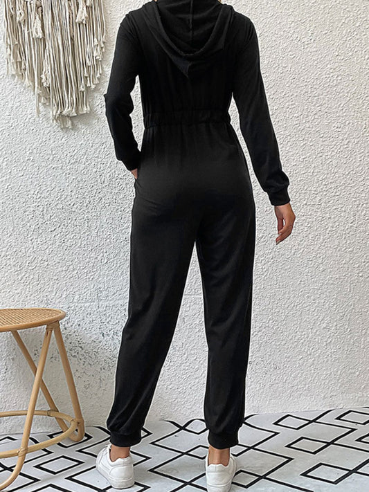 Zip Up Elastic Waist Hooded Jogger Jumpsuit  Jumpsuits & Rompers- Doll Fits