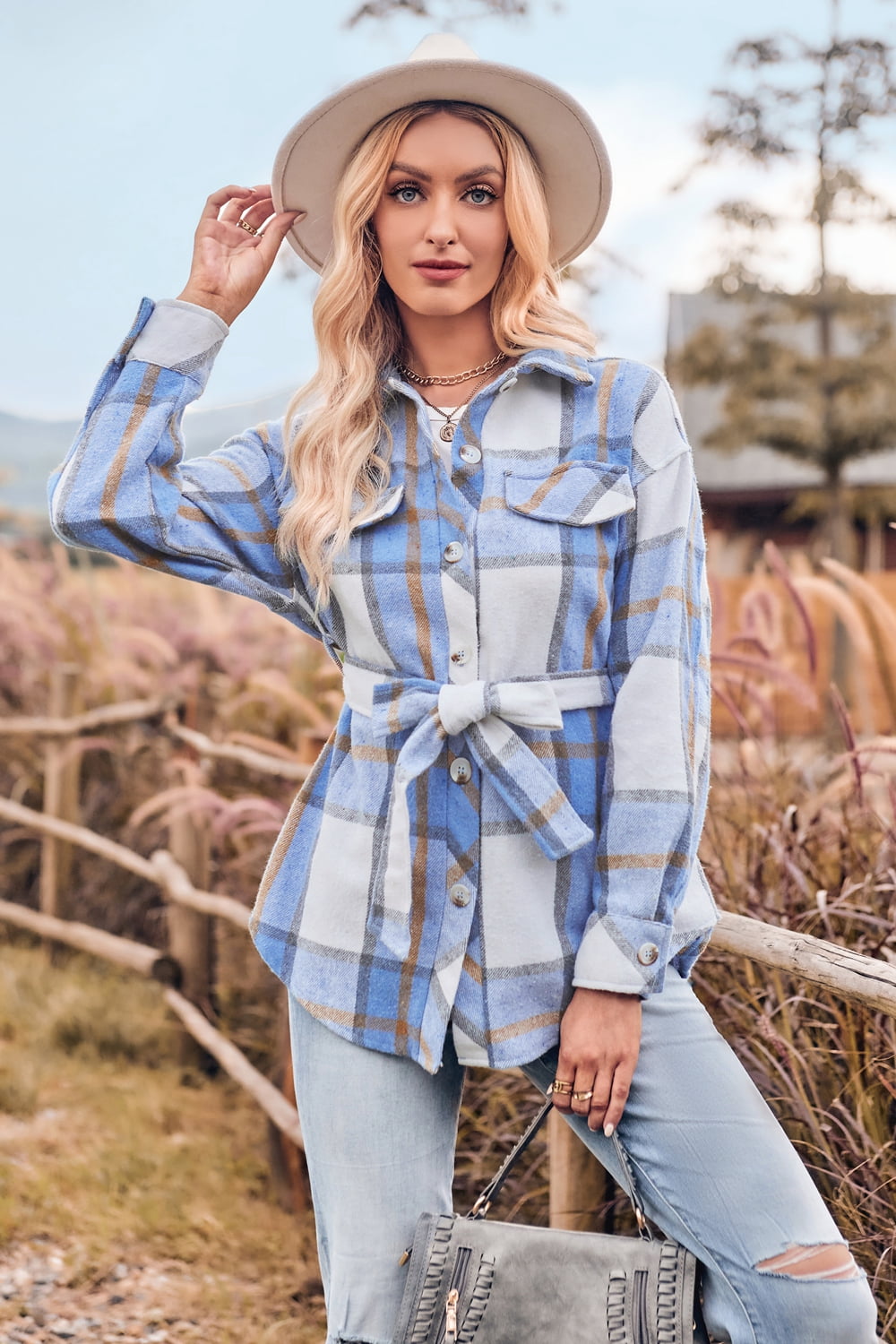 Plaid Collared Neck Bow Front Long Sleeve Jacket  - Doll Fits