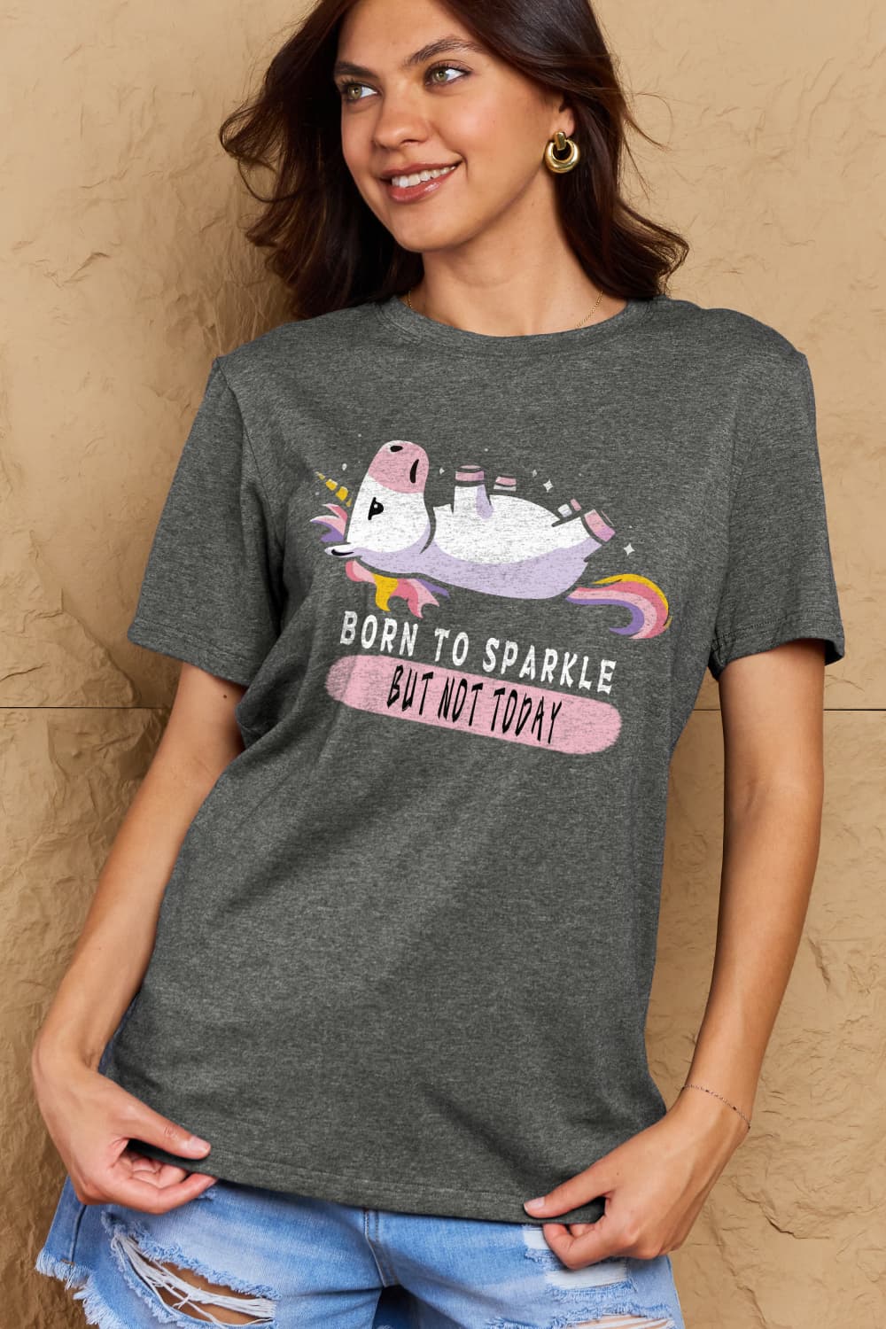 Simply Love Full Size BORN TO SPARKLE BUT NOT TODAY Graphic Cotton Tee  - Doll Fits