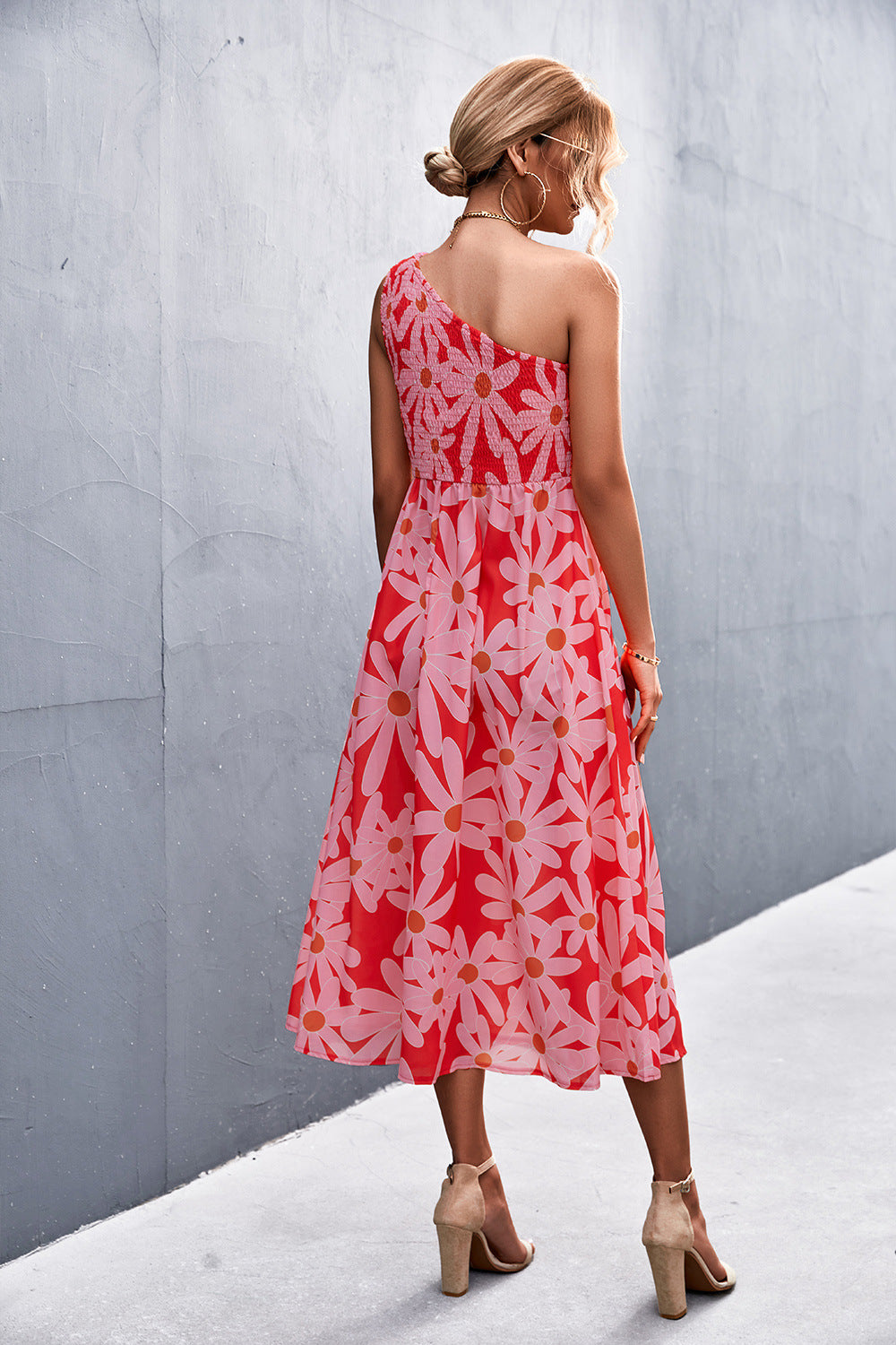 Floral Smocked One-Shoulder Midi Dress  Dresses- Doll Fits