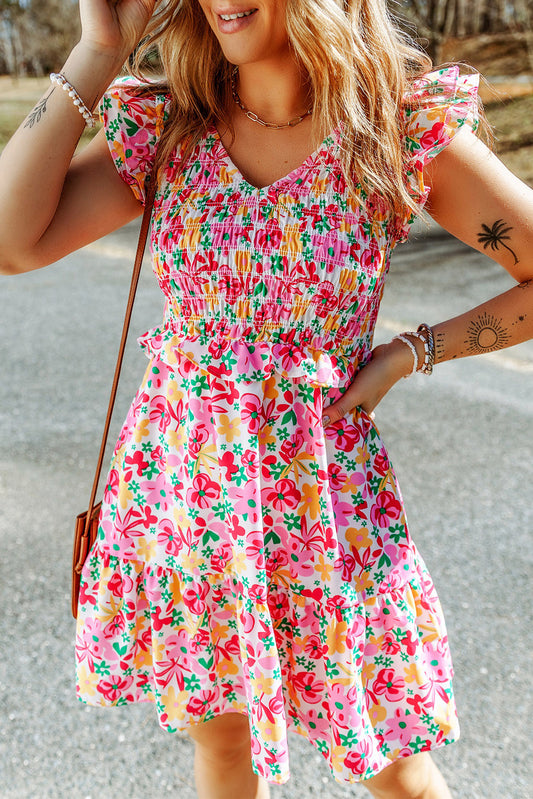 Floral Ruffle Trim Smocked Dress  Dresses- Doll Fits