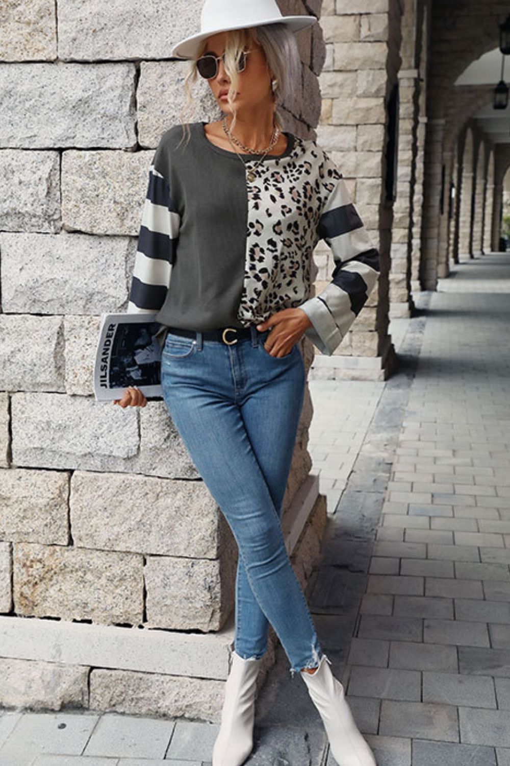 Leopard Striped Round Neck Long Sleeve Tee  Shirts & Tops- Doll Fits