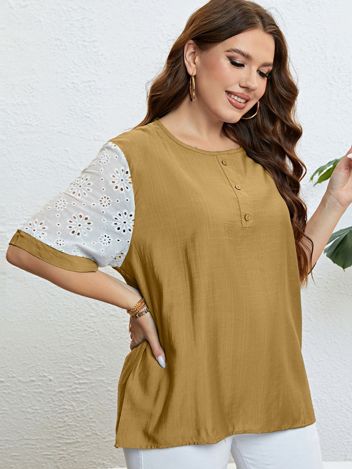 Plus Size Contrast Decorative Button Half Sleeve Top  Shirts & Tops- Doll Fits