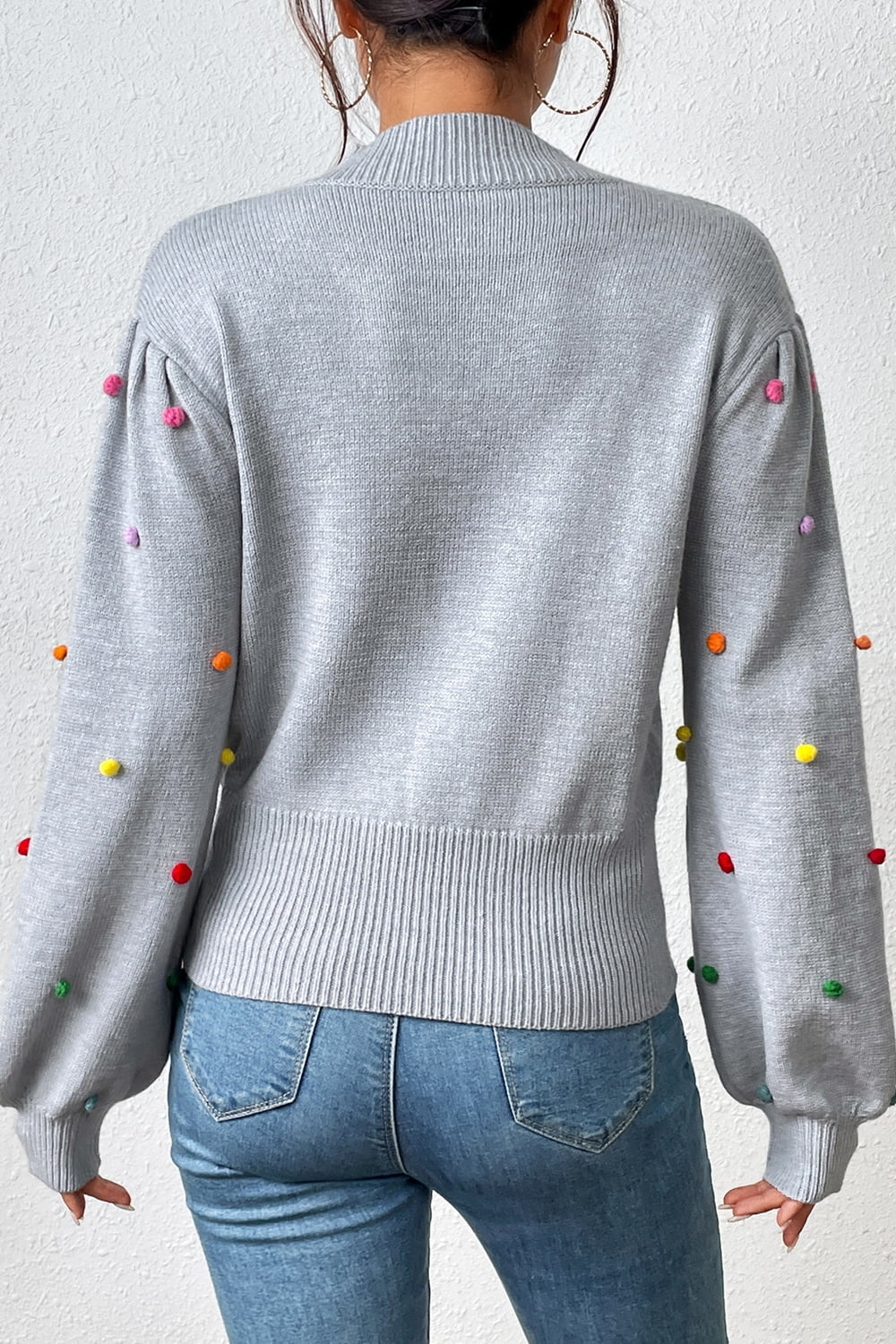 Pom-Pom Trim Mock Neck Long Sleeve Pullover Sweater  - Doll Fits