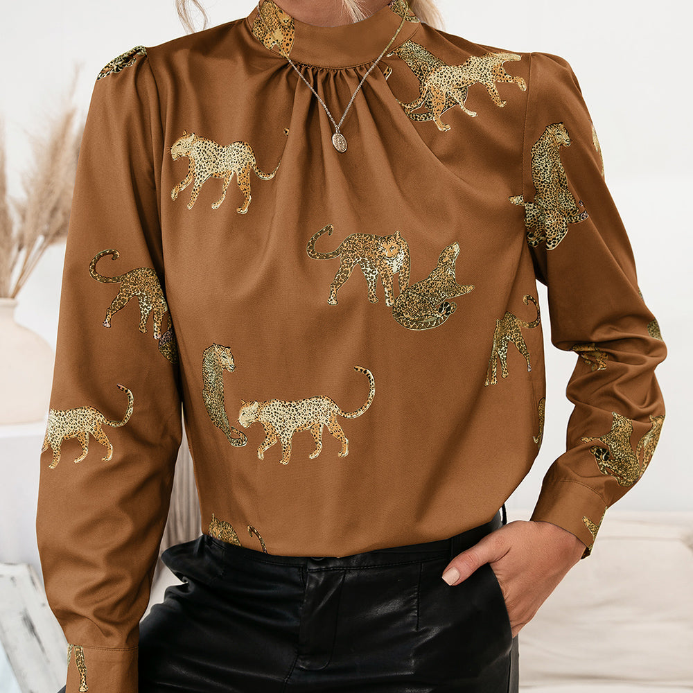 Leopard Graphic Mock Neck Puff Sleeve Blouse  Shirts & Tops- Doll Fits