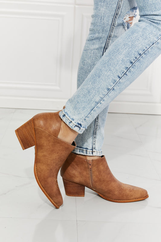 MMShoes Trust Yourself Embroidered Crossover Cowboy Bootie in Caramel  Shoes- Doll Fits