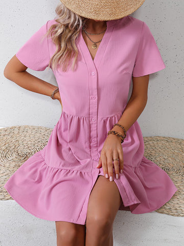 Short Sleeve Buttoned Tiered Dress  Dresses- Doll Fits