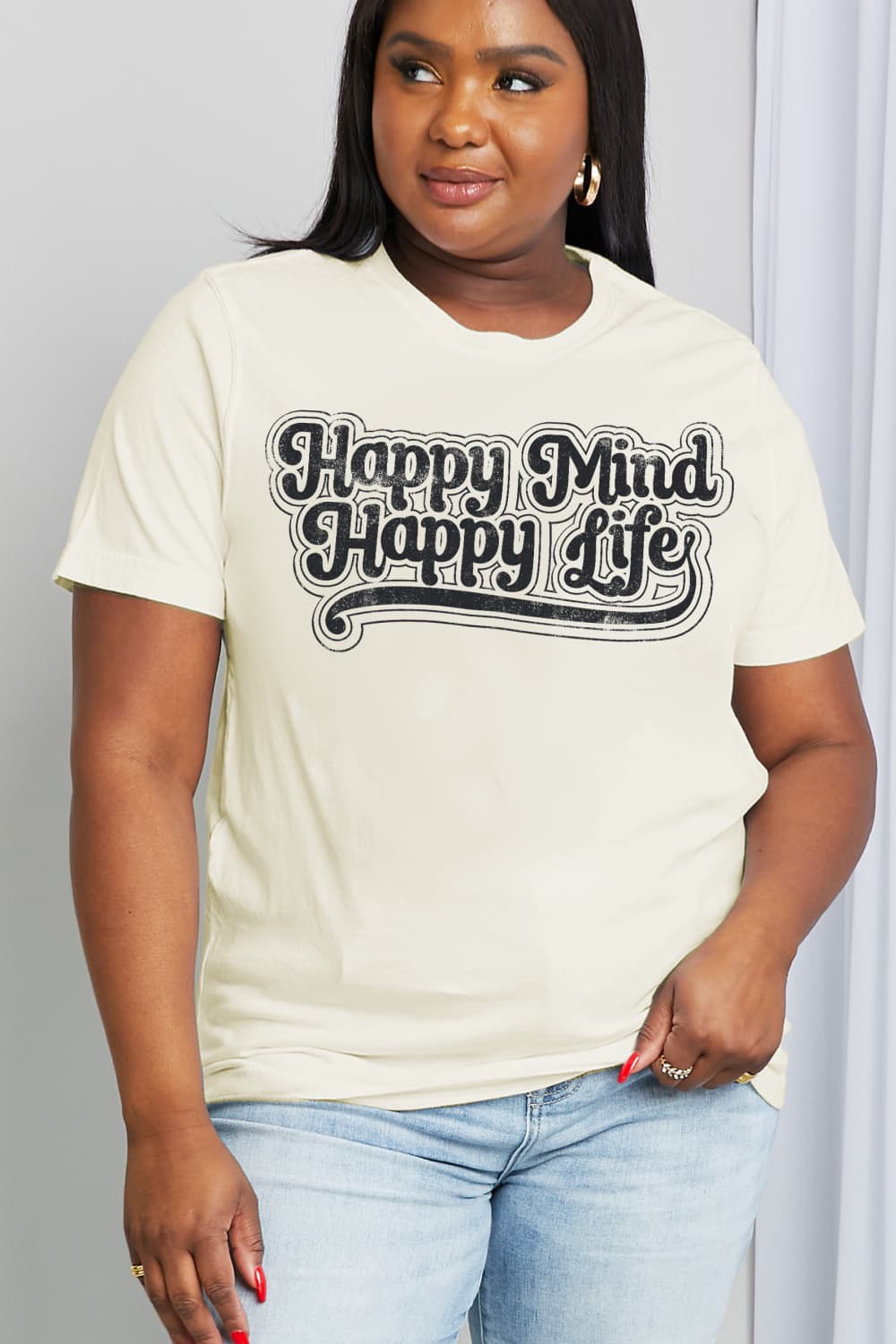 Simply Love Full Size HAPPY MIND HAPPY LIFE Graphic Cotton Tee  - Doll Fits
