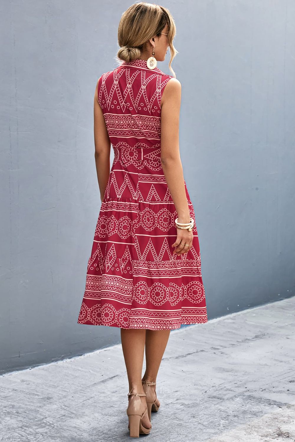 Printed Button Front Tie-Waist Sleeveless Collared Dress  Dresses- Doll Fits