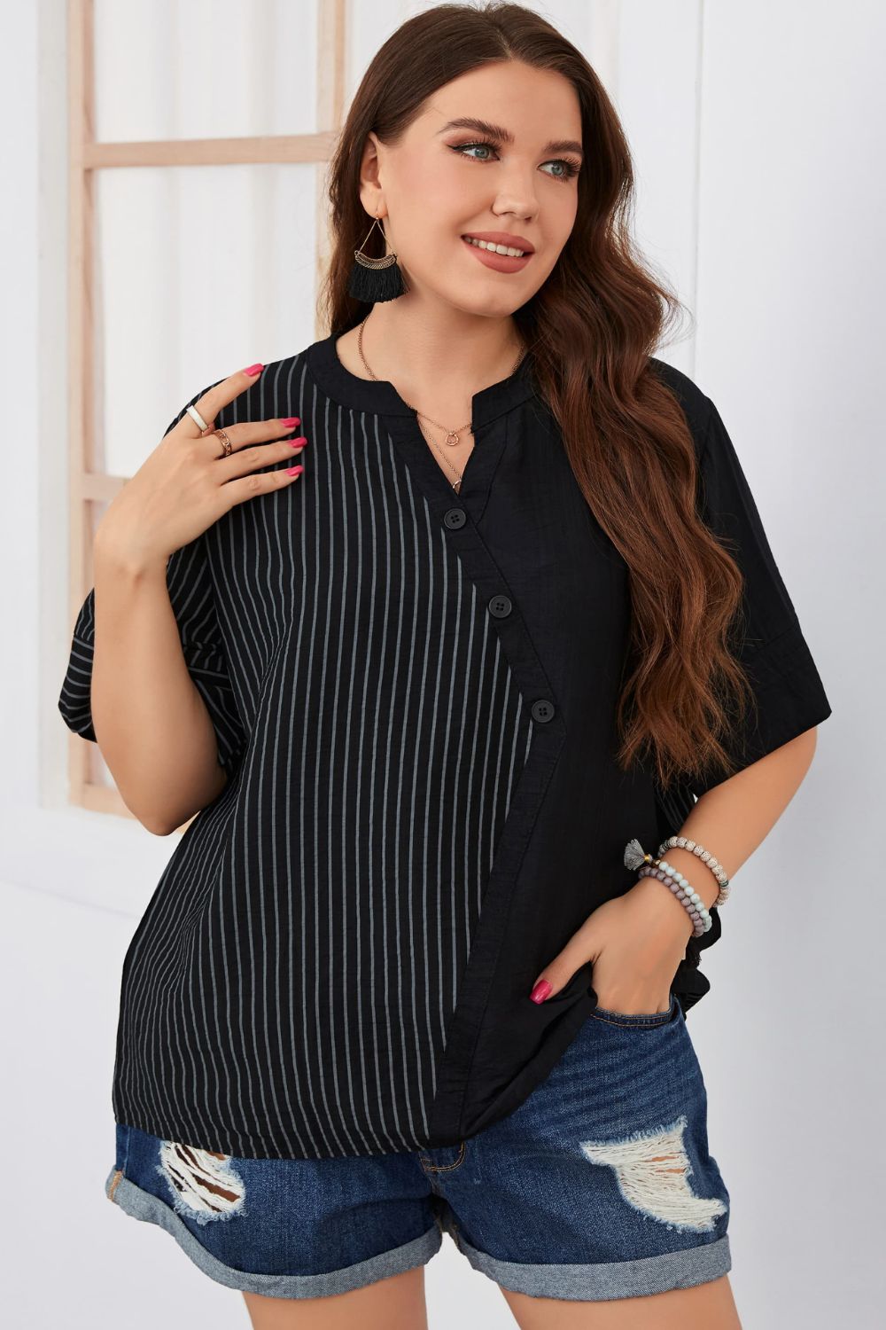Plus Size Striped Notched Neck Half Sleeve Top  Shirts & Tops- Doll Fits