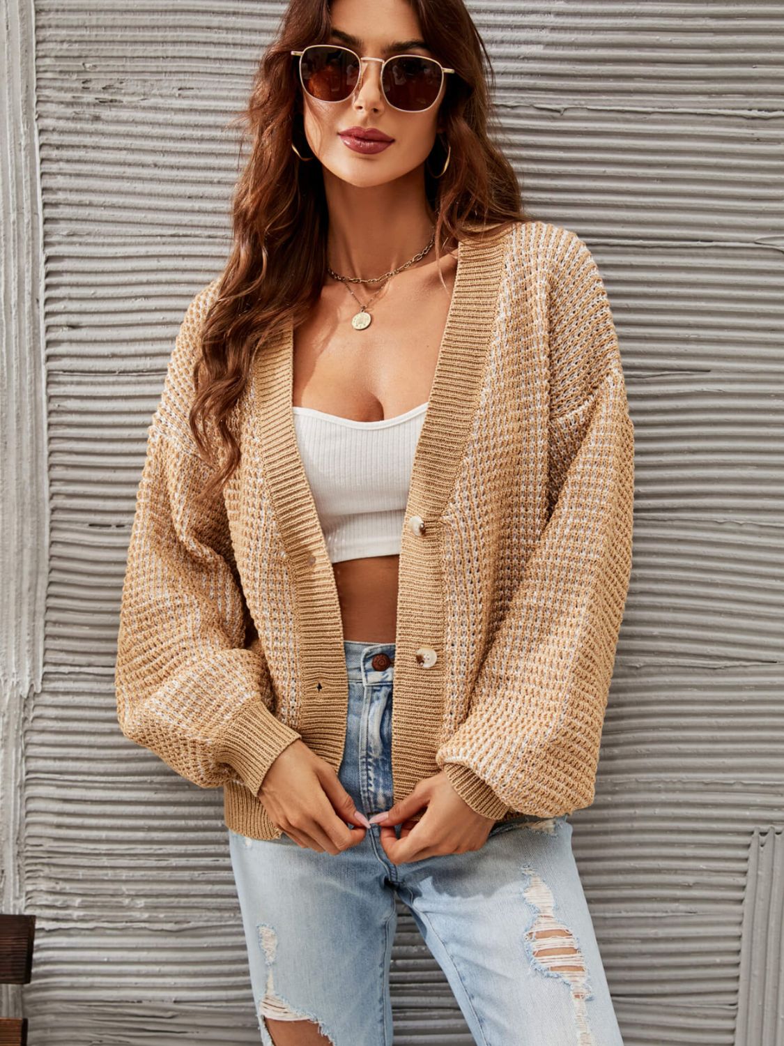 Heathered Lantern Sleeve Cardigan  Shirts & Tops- Doll Fits