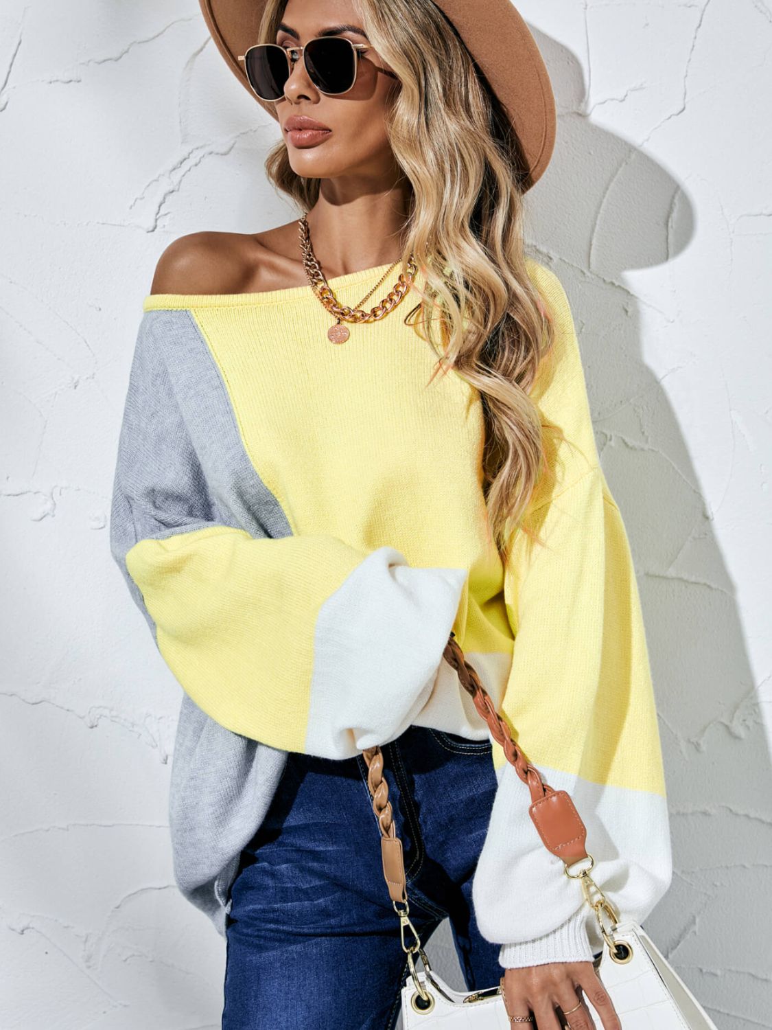 Color Block Balloon Sleeve Boat Neck Sweater  Shirts & Tops- Doll Fits