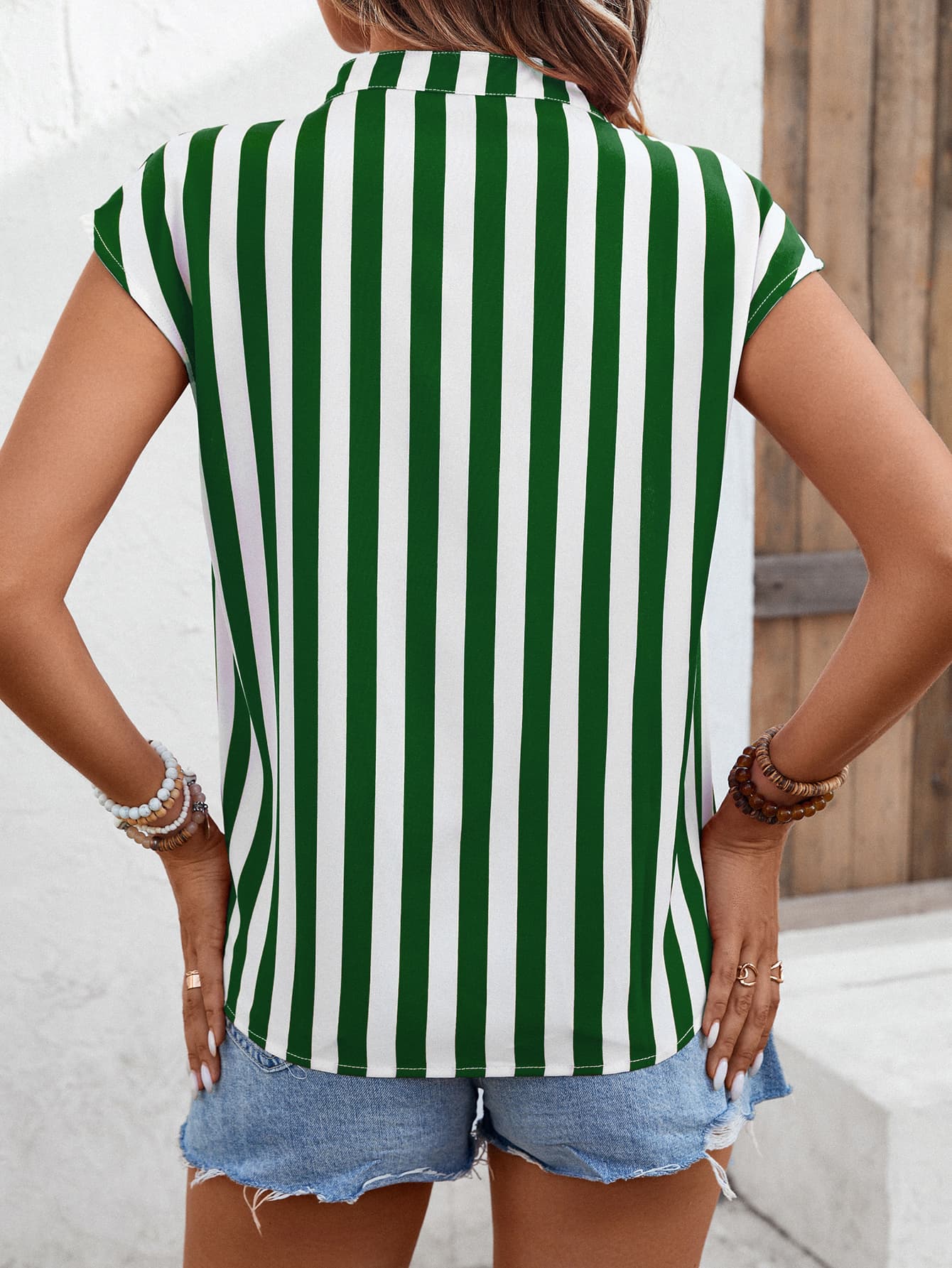 Striped Notched Neck Cap Sleeve Blouse  Shirts & Tops- Doll Fits