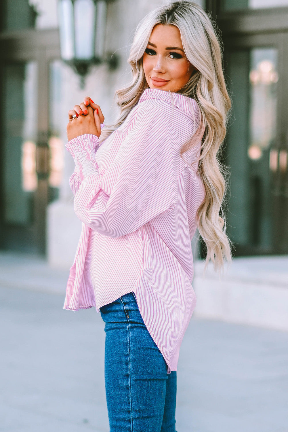 Striped Lantern Sleeve Collared Shirt  Shirts & Tops- Doll Fits