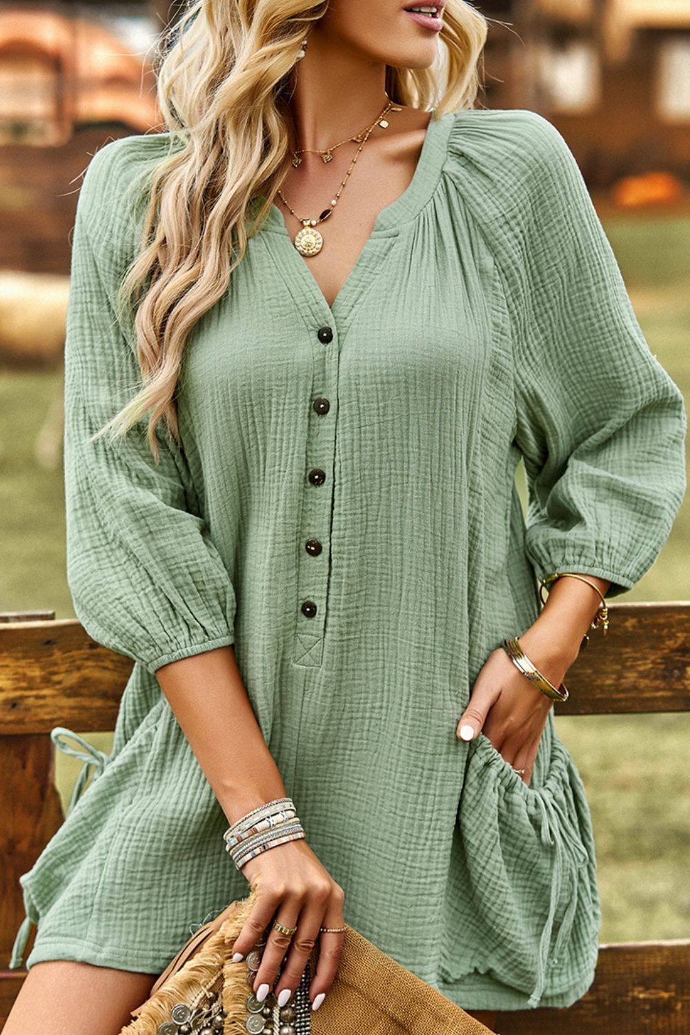 Textured Notched Neck Romper with Pockets  Jumpsuits & Rompers- Doll Fits