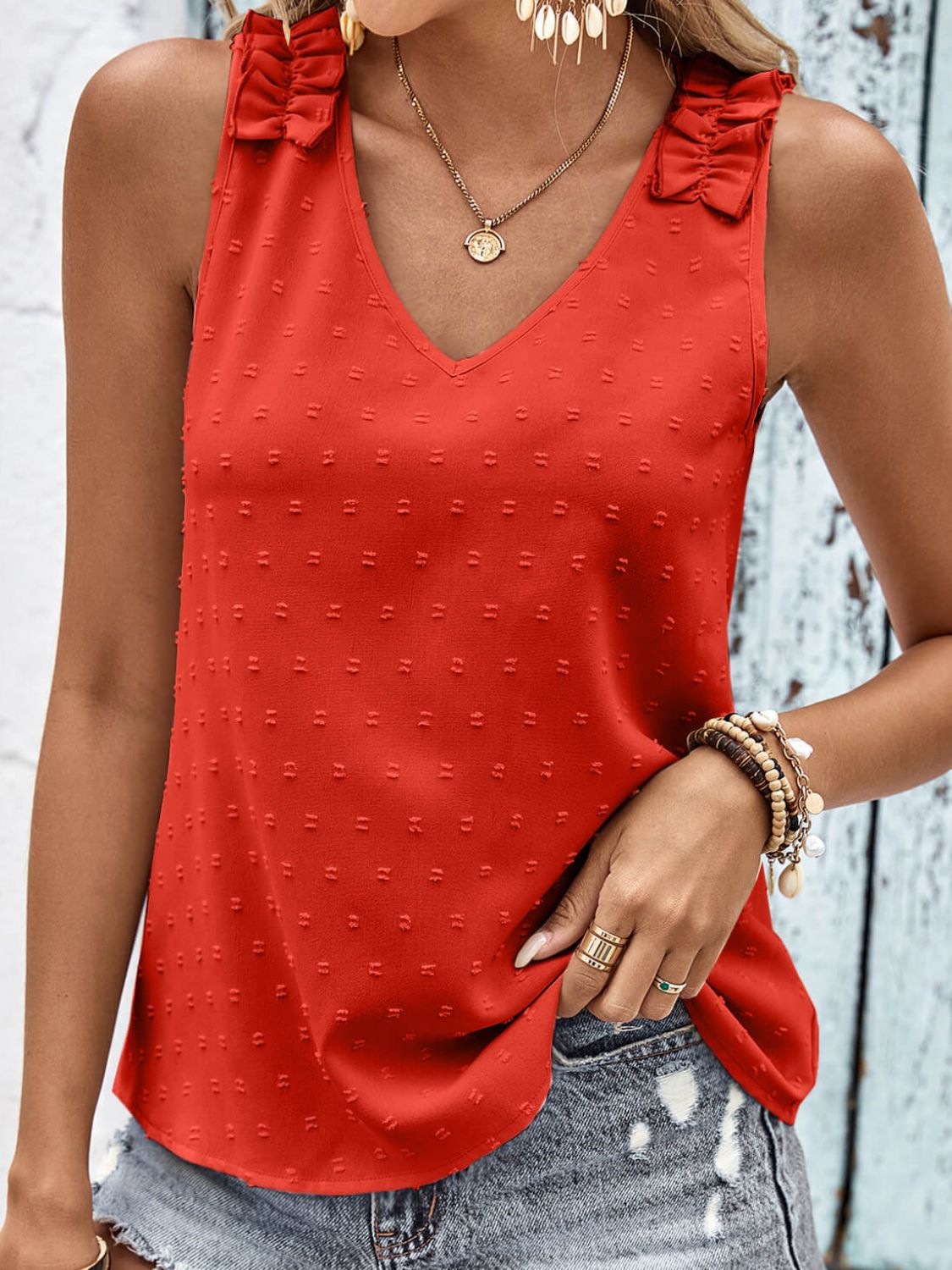 Swiss Dot Shoulder Detail V-Neck Tank  Shirts & Tops- Doll Fits