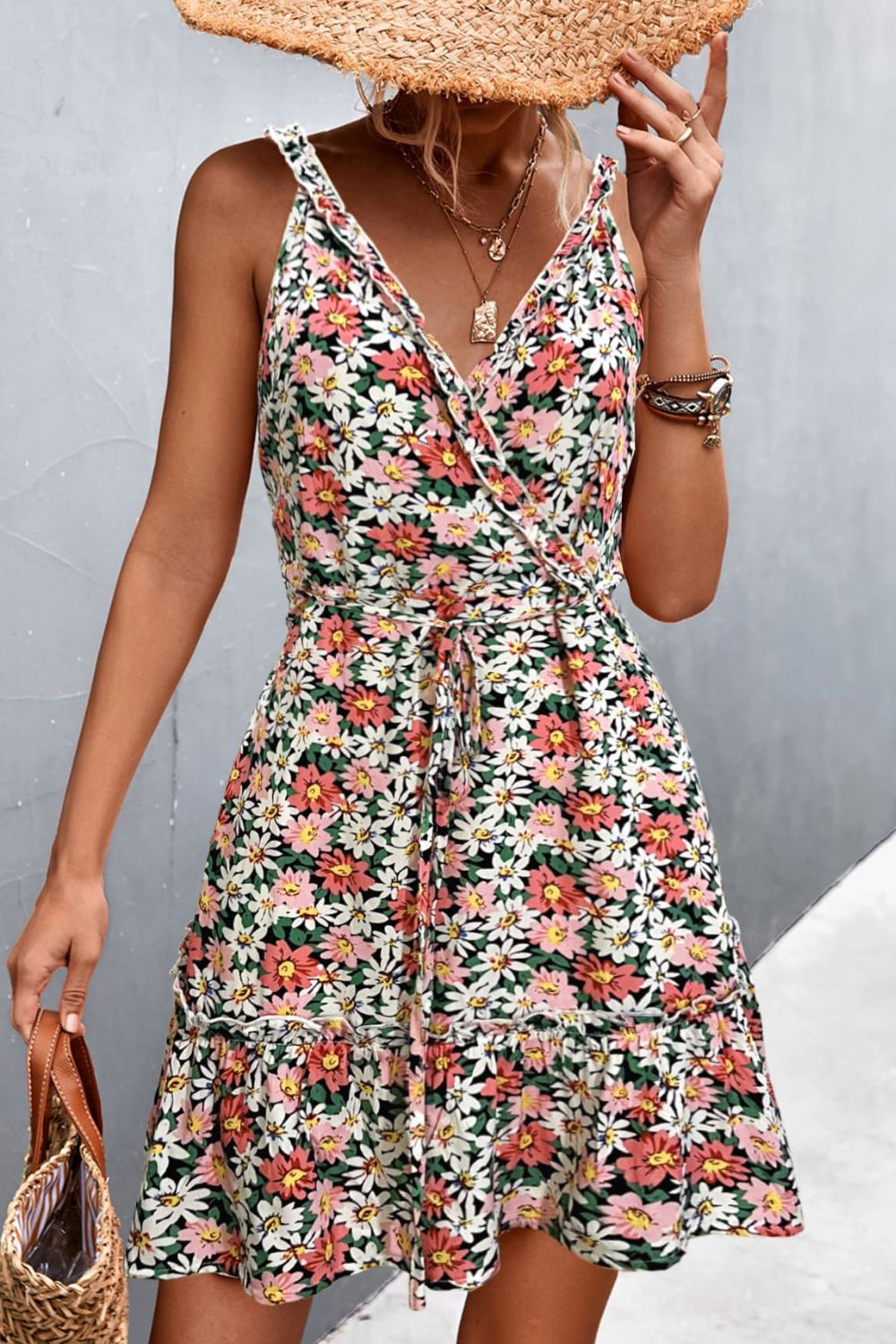 Floral Frill Trim Sleeveless Mini Dress  Dresses- Doll Fits