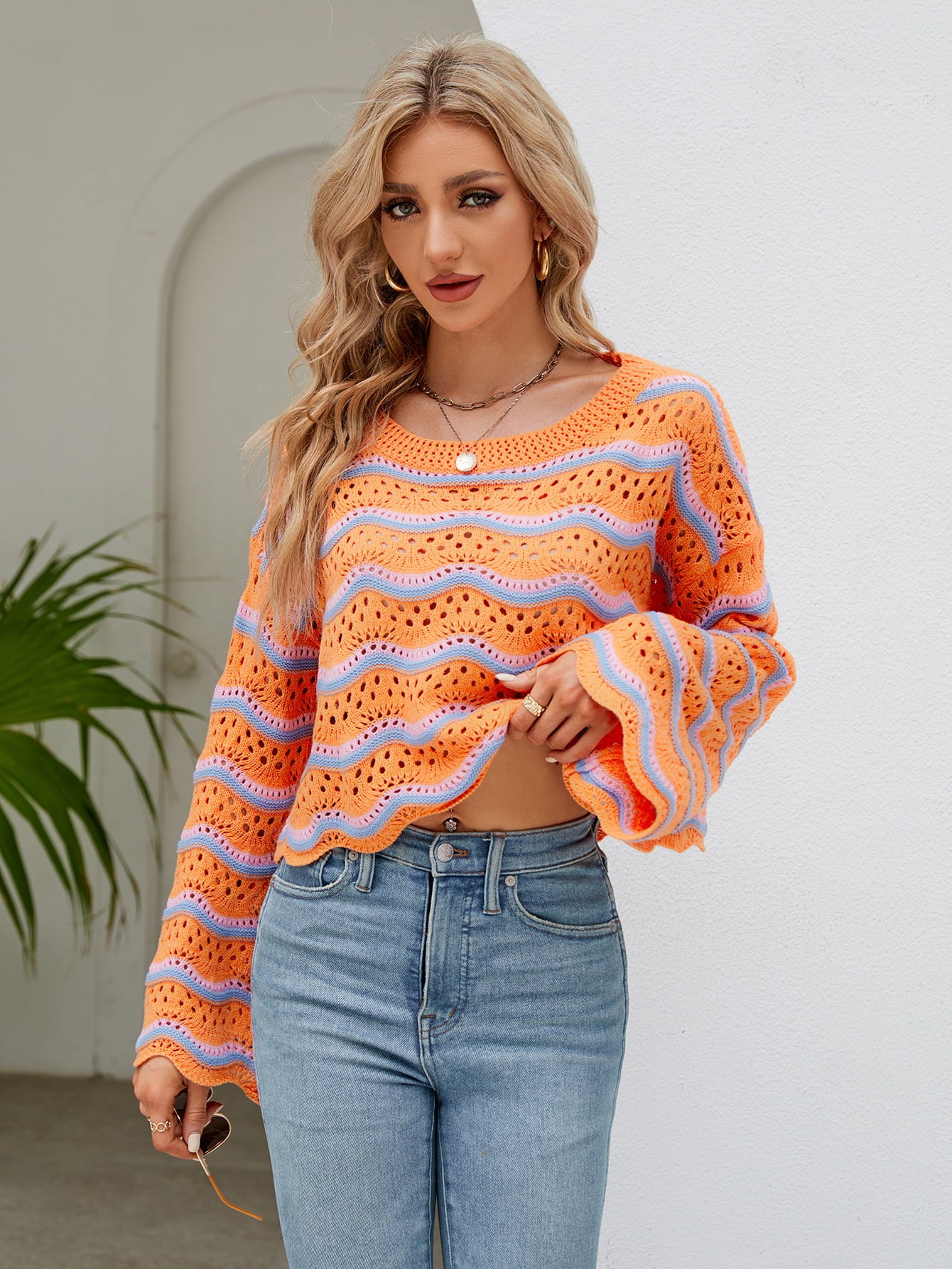 Round Neck Openwork Flare Sleeve Knit Top  - Doll Fits