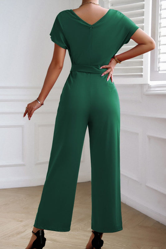 Tie Waist V-Neck Short Sleeve Jumpsuit  - Doll Fits
