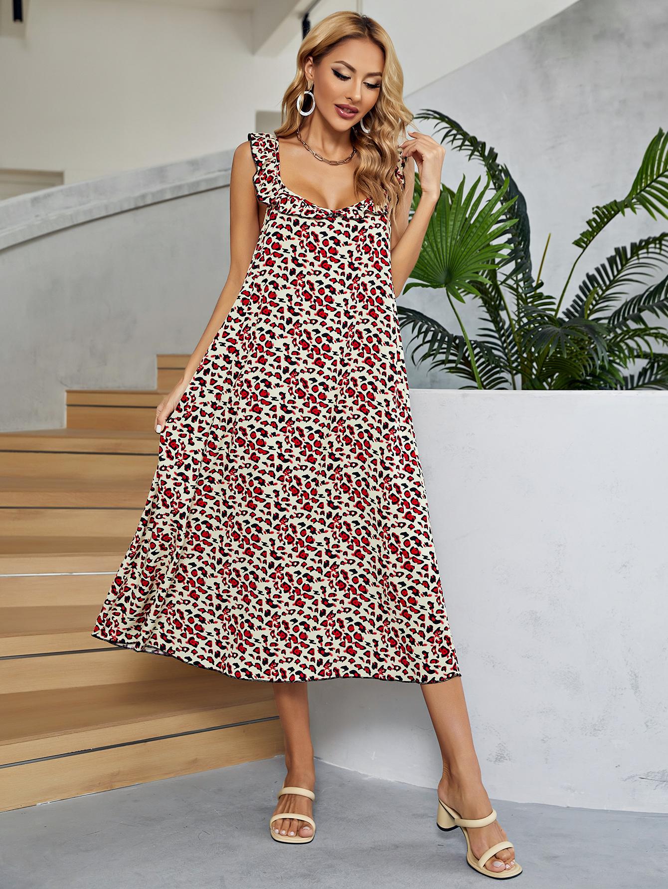 Printed Ruffled Sleeveless Midi Dress  Dresses- Doll Fits