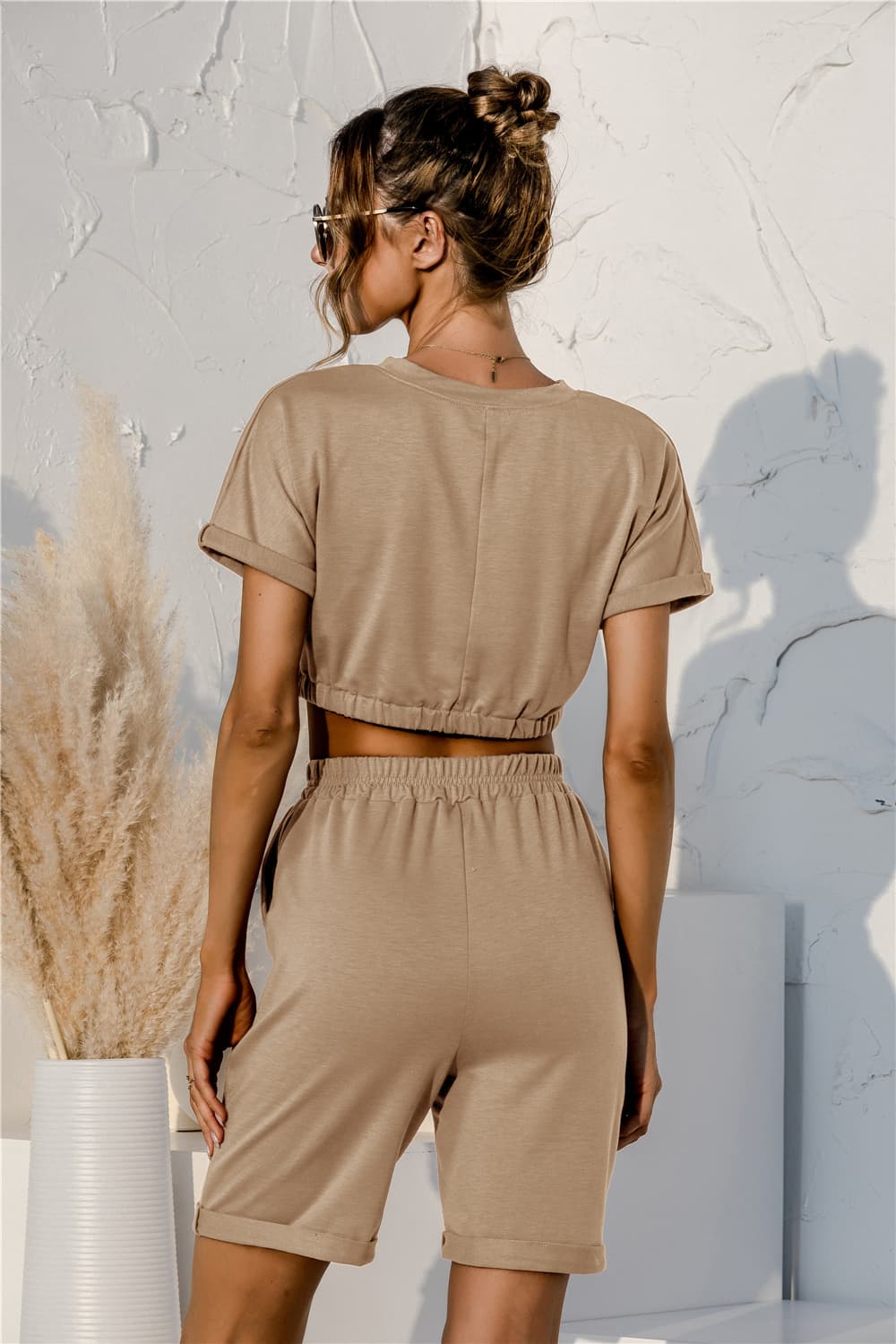 Short Sleeve Cropped Top and Drawstring Shorts Lounge Set  Outfit Sets- Doll Fits
