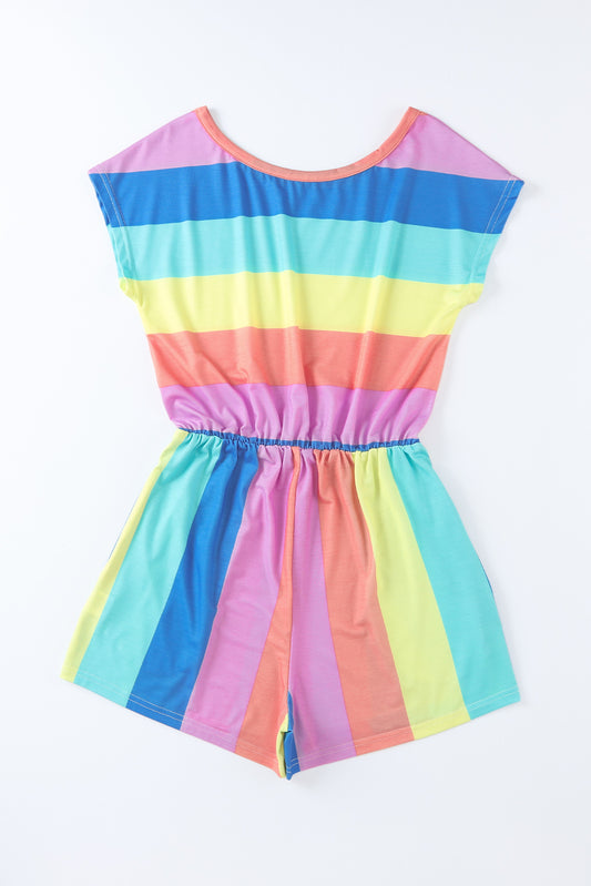 Multicolored Stripe Round Neck Romper  - Doll Fits