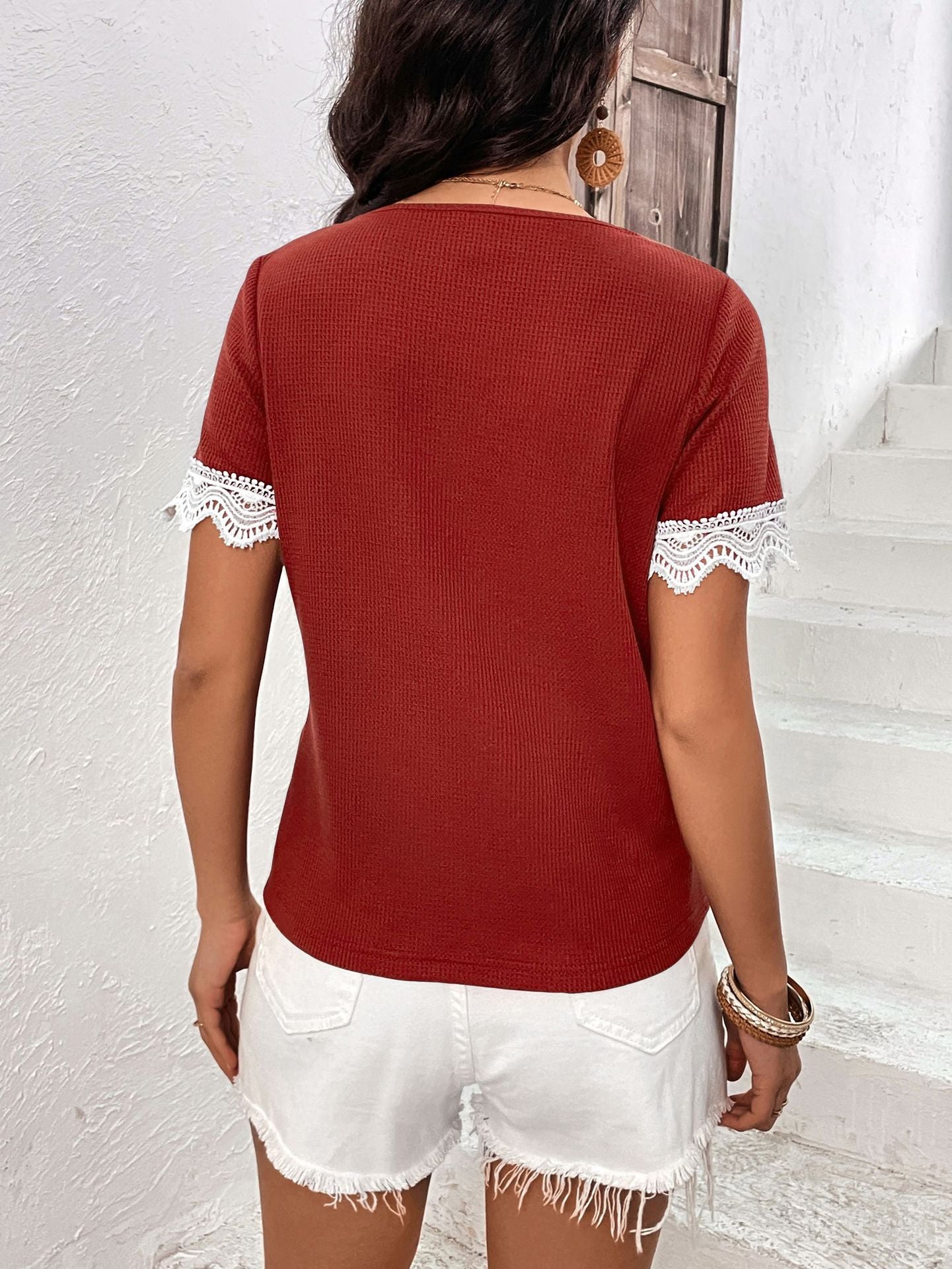 Decorative Button Spliced Lace Short Sleeve Top  Shirts & Tops- Doll Fits