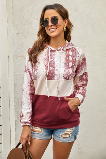 Snake Print Color Block Drawstring Detail Hoodie  Shirts & Tops- Doll Fits