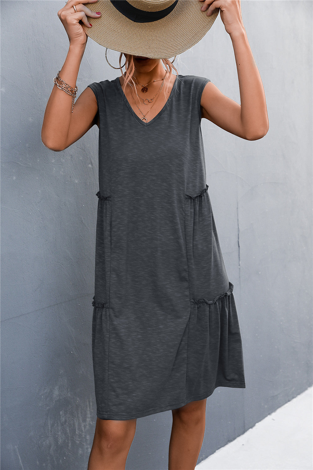 V-Neck Frill Trim Sleeveless Dress  Dresses- Doll Fits