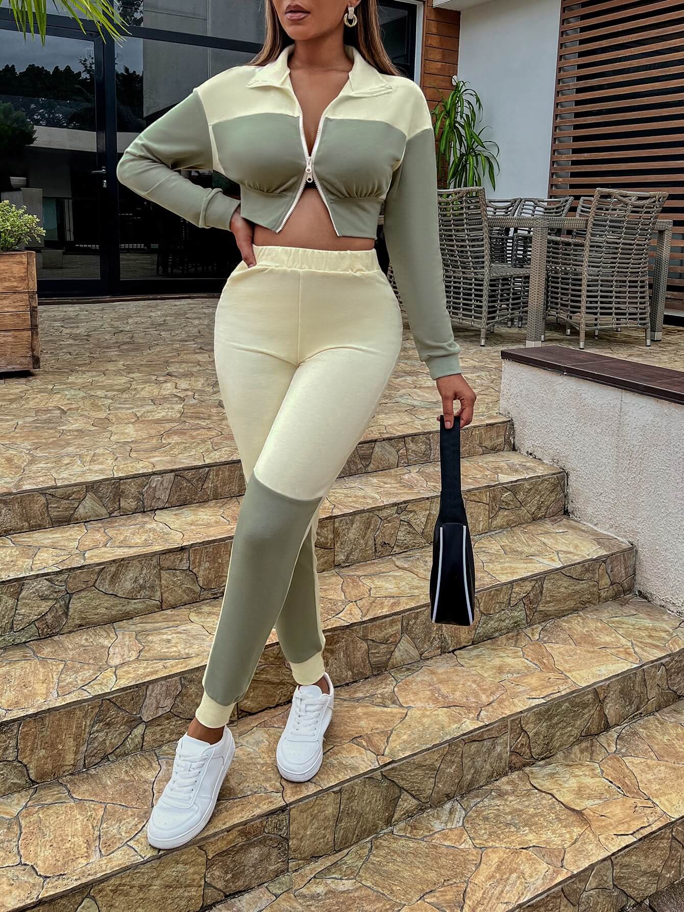 Two-Tone Collared Neck Top and Joggers Set  Outfit Sets- Doll Fits